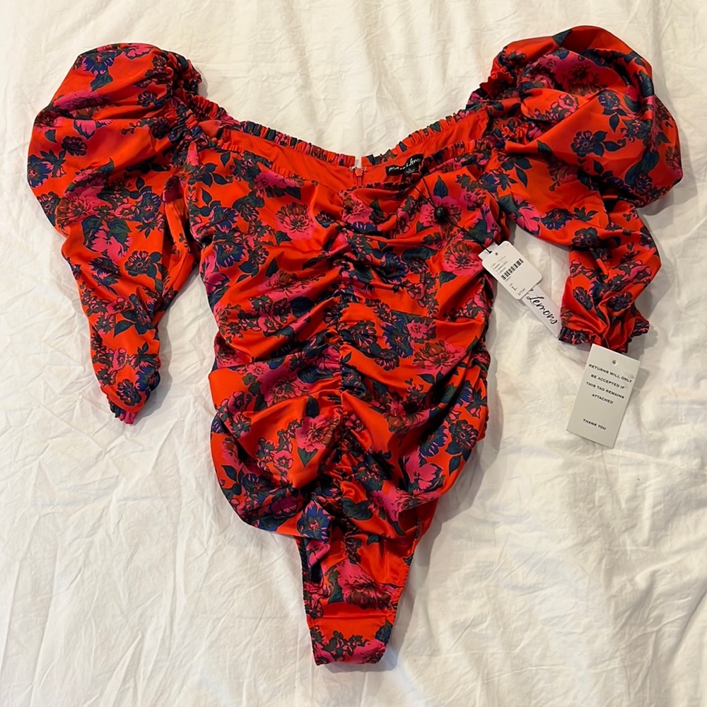 For Love & Lemons puffed sleeve red satin bodysuit